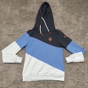 Wanakome Hoodie Sweatshirt Womens Medium Blue White Colorblock Rope Cowl Neck